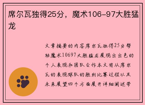 席尔瓦独得25分，魔术106-97大胜猛龙